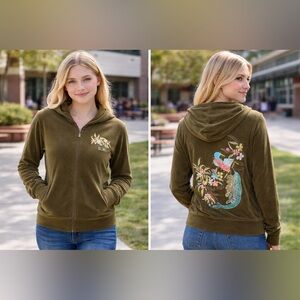 BCBG Max Azria Olive Velour Hoodie Peacock Embroidery Zip Up Jacket SizeL Y2K